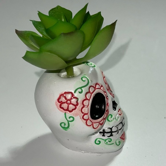 Day Of The Dead Desktop Ceramic Sugar Skull Artifical Succulent Plant Figure - Picture 7 of 11